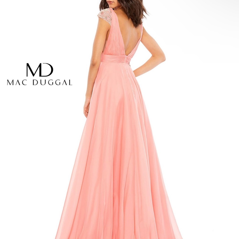 Mac Duggal 67811, Coral Chiffon Rhinestone Embroidered A-Line Gown, Sz 2 /14 - Picture 3 of 7